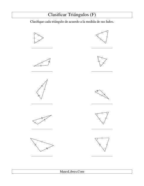 La hoja de ejercicios de Identificar Triángulos de Acuerdo a sus Lados (F)