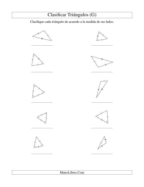 La hoja de ejercicios de Identificar Triángulos de Acuerdo a sus Lados (G)