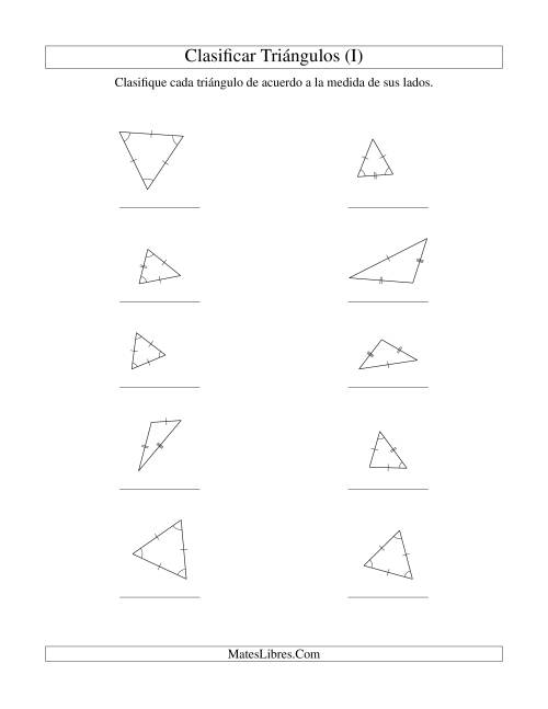 La hoja de ejercicios de Identificar Triángulos de Acuerdo a sus Lados (I)