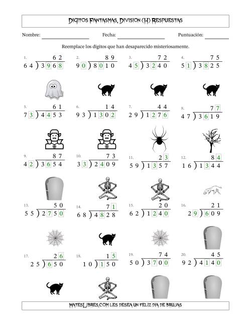 La hoja de ejercicios de Dígitos Robados por Figuras Fantasmas, Division (Versión Difícil) (H) Página 2
