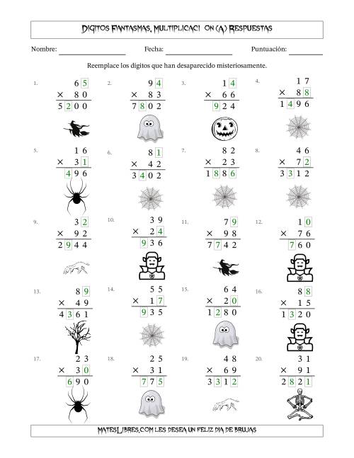La hoja de ejercicios de Dígitos Robados por Figuras Fantasmas, Multiplicacióon (Versión Difícil) (A) Página 2