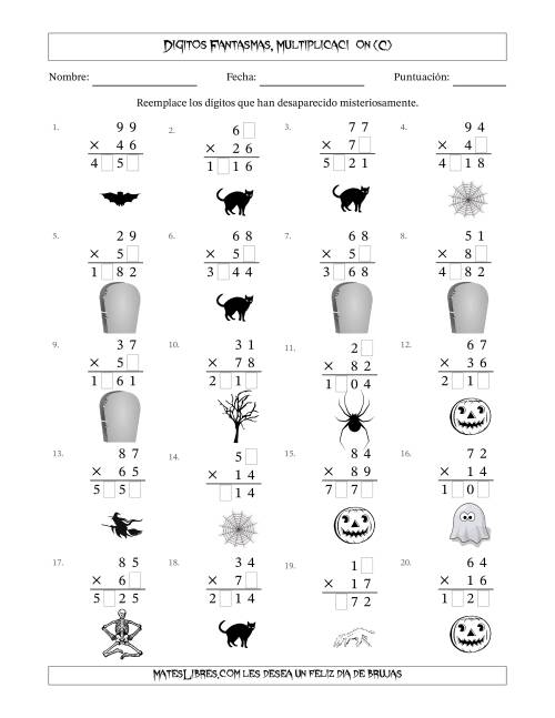 La hoja de ejercicios de Dígitos Robados por Figuras Fantasmas, Multiplicacióon (Versión Difícil) (C)