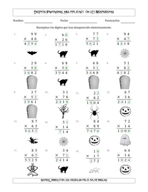 La hoja de ejercicios de Dígitos Robados por Figuras Fantasmas, Multiplicacióon (Versión Difícil) (C) Página 2