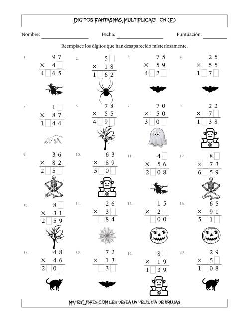 La hoja de ejercicios de Dígitos Robados por Figuras Fantasmas, Multiplicacióon (Versión Difícil) (E)
