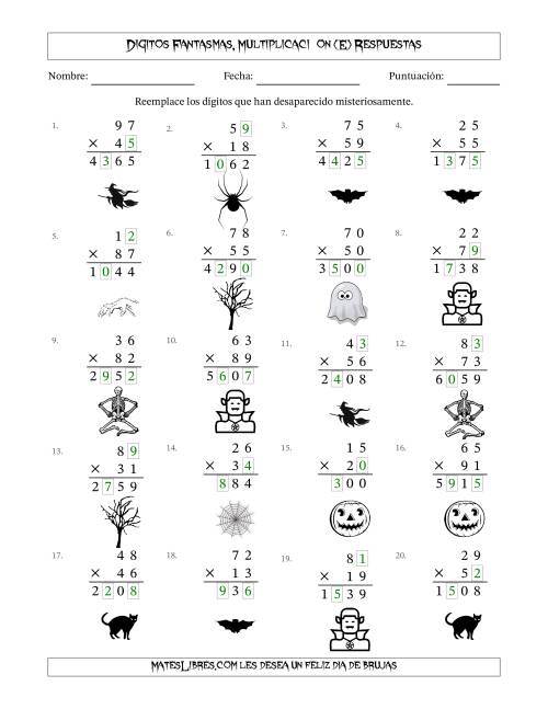 La hoja de ejercicios de Dígitos Robados por Figuras Fantasmas, Multiplicacióon (Versión Difícil) (E) Página 2