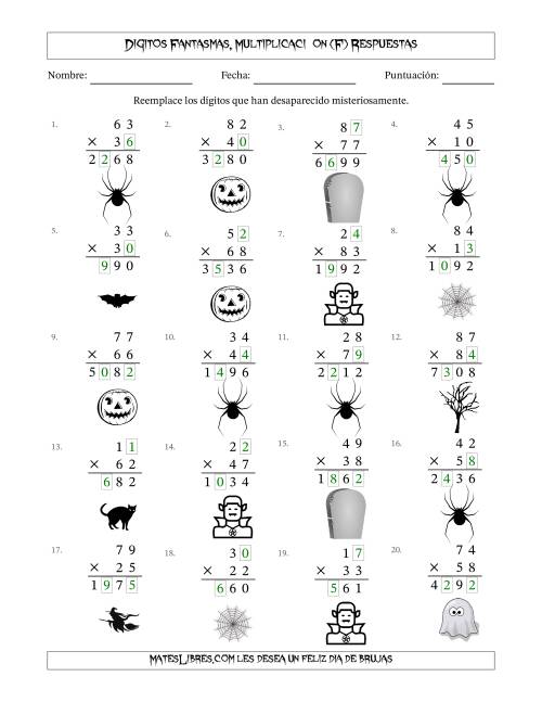 La hoja de ejercicios de Dígitos Robados por Figuras Fantasmas, Multiplicacióon (Versión Difícil) (F) Página 2