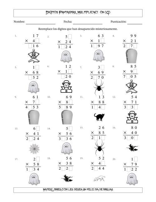 La hoja de ejercicios de Dígitos Robados por Figuras Fantasmas, Multiplicacióon (Versión Difícil) (G)