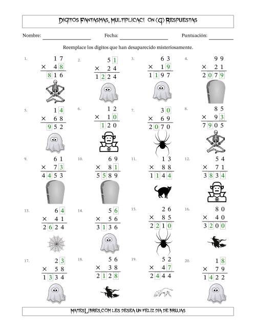 La hoja de ejercicios de Dígitos Robados por Figuras Fantasmas, Multiplicacióon (Versión Difícil) (G) Página 2
