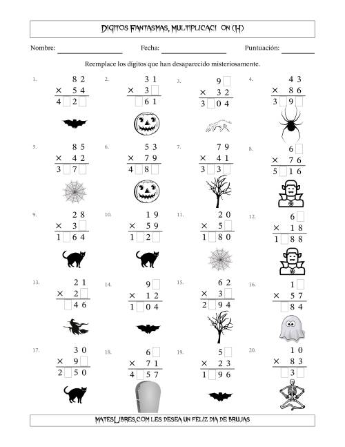 La hoja de ejercicios de Dígitos Robados por Figuras Fantasmas, Multiplicacióon (Versión Difícil) (H)