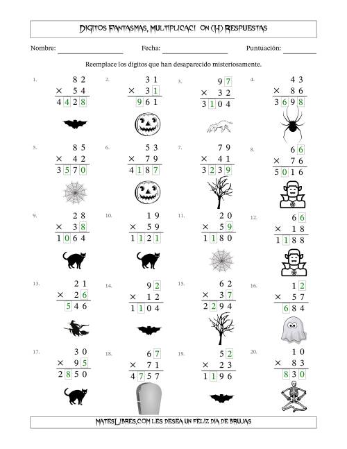 La hoja de ejercicios de Dígitos Robados por Figuras Fantasmas, Multiplicacióon (Versión Difícil) (H) Página 2
