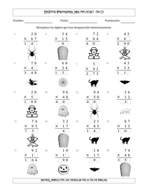 La hoja de ejercicios de Dígitos Robados por Figuras Fantasmas, Multiplicacióon (Versión Difícil) (I)