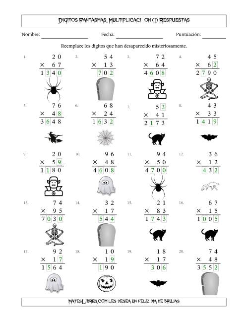 La hoja de ejercicios de Dígitos Robados por Figuras Fantasmas, Multiplicacióon (Versión Difícil) (I) Página 2