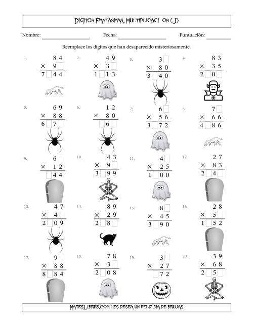 La hoja de ejercicios de Dígitos Robados por Figuras Fantasmas, Multiplicacióon (Versión Difícil) (J)