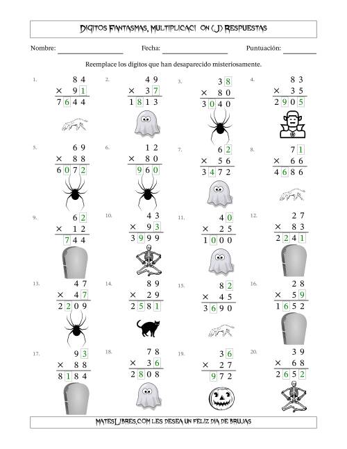 La hoja de ejercicios de Dígitos Robados por Figuras Fantasmas, Multiplicacióon (Versión Difícil) (J) Página 2