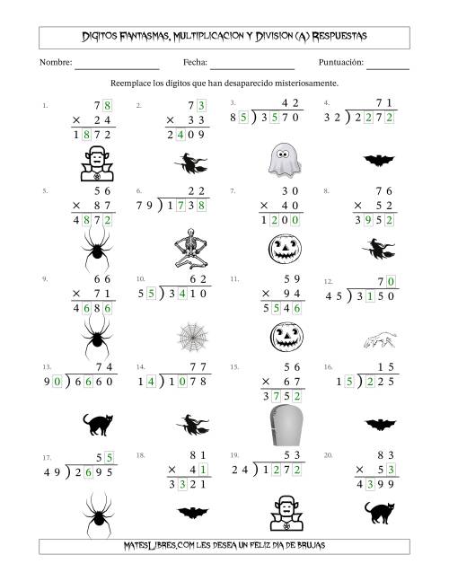 La hoja de ejercicios de Dígitos Robados por Figuras Fantasmas, Multiplicacion y Division (Versión Difícil) (A) Página 2