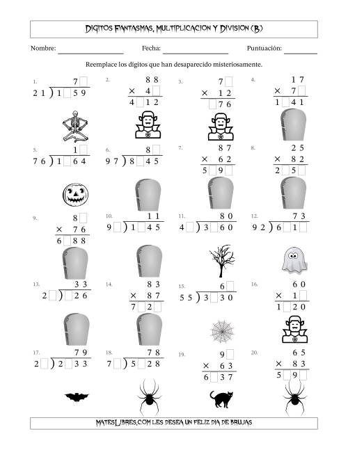 La hoja de ejercicios de Dígitos Robados por Figuras Fantasmas, Multiplicacion y Division (Versión Difícil) (B)