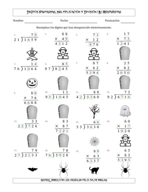La hoja de ejercicios de Dígitos Robados por Figuras Fantasmas, Multiplicacion y Division (Versión Difícil) (B) Página 2