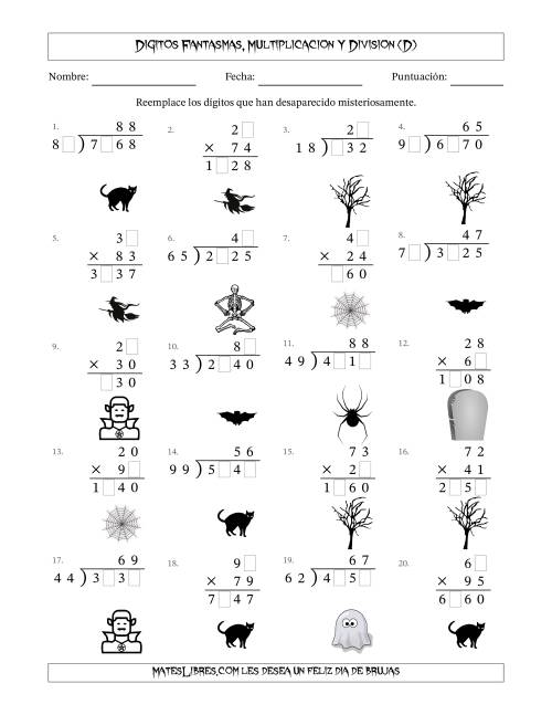 La hoja de ejercicios de Dígitos Robados por Figuras Fantasmas, Multiplicacion y Division (Versión Difícil) (D)