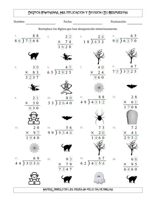 La hoja de ejercicios de Dígitos Robados por Figuras Fantasmas, Multiplicacion y Division (Versión Difícil) (D) Página 2