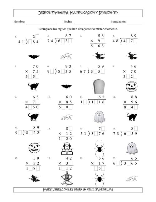 La hoja de ejercicios de Dígitos Robados por Figuras Fantasmas, Multiplicacion y Division (Versión Difícil) (E)
