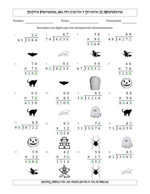 La hoja de ejercicios de Dígitos Robados por Figuras Fantasmas, Multiplicacion y Division (Versión Difícil) (E) Página 2