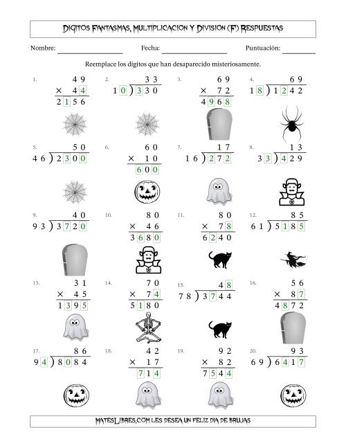 La hoja de ejercicios de Dígitos Robados por Figuras Fantasmas, Multiplicacion y Division (Versión Difícil) (F) Página 2