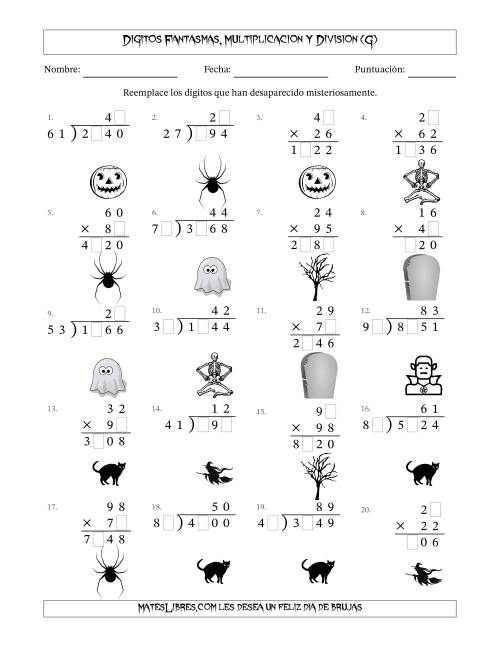 La hoja de ejercicios de Dígitos Robados por Figuras Fantasmas, Multiplicacion y Division (Versión Difícil) (G)