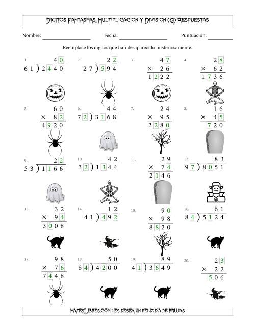 La hoja de ejercicios de Dígitos Robados por Figuras Fantasmas, Multiplicacion y Division (Versión Difícil) (G) Página 2