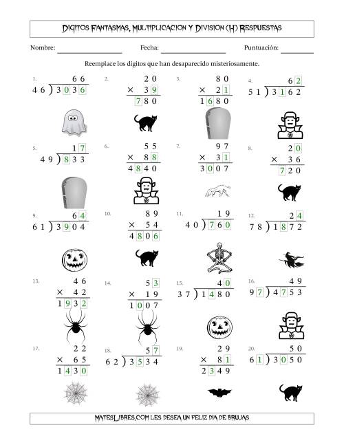 La hoja de ejercicios de Dígitos Robados por Figuras Fantasmas, Multiplicacion y Division (Versión Difícil) (H) Página 2