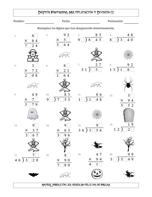 La hoja de ejercicios de Dígitos Robados por Figuras Fantasmas, Multiplicacion y Division (Versión Difícil) (I)
