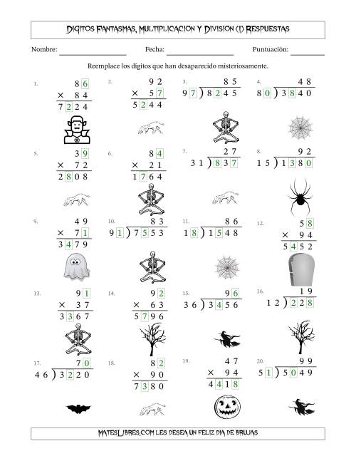 La hoja de ejercicios de Dígitos Robados por Figuras Fantasmas, Multiplicacion y Division (Versión Difícil) (I) Página 2
