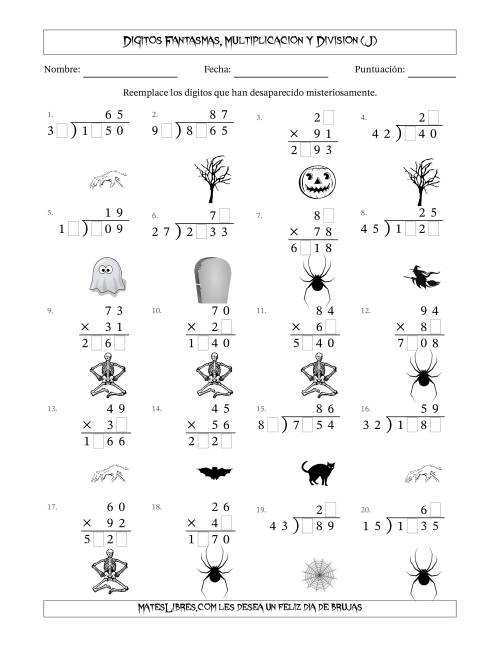La hoja de ejercicios de Dígitos Robados por Figuras Fantasmas, Multiplicacion y Division (Versión Difícil) (J)