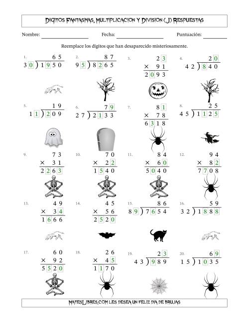 La hoja de ejercicios de Dígitos Robados por Figuras Fantasmas, Multiplicacion y Division (Versión Difícil) (J) Página 2