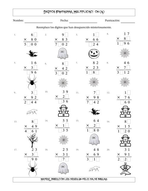La hoja de ejercicios de Dígitos Robados por Figuras Fantasmas, Multiplicacióon (Versión Difícil) (Todas)