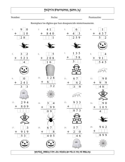 La hoja de ejercicios de Dígitos Robados por Figuras Fantasmas, Adicion (Versión Sencilla) (A)