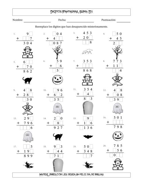La hoja de ejercicios de Dígitos Robados por Figuras Fantasmas, Suma (Versión Fácil) (D)