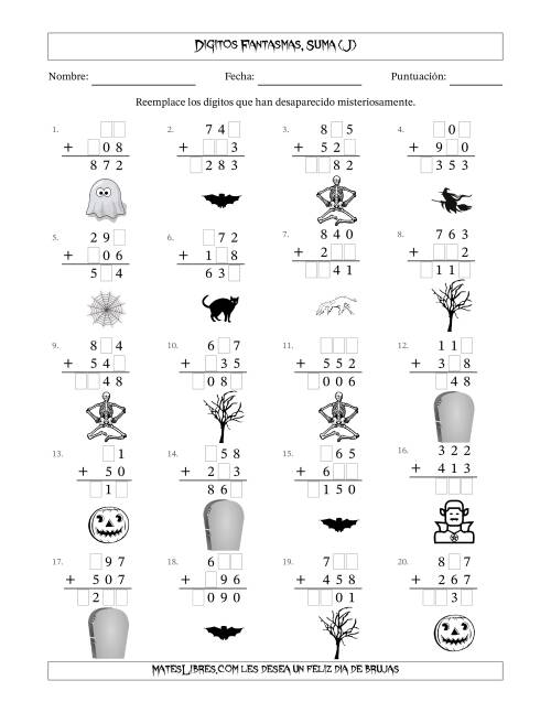 La hoja de ejercicios de Dígitos Robados por Figuras Fantasmas, Suma (Versión Fácil) (J)