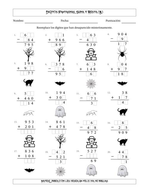La hoja de ejercicios de Dígitos Robados por Figuras Fantasmas, Suma y Resta (Versión Fácil) (B)