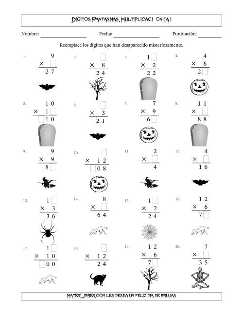 La hoja de ejercicios de Dígitos Robados por Figuras Fantasmas, Multiplicacion (Versión Sencilla) (A)