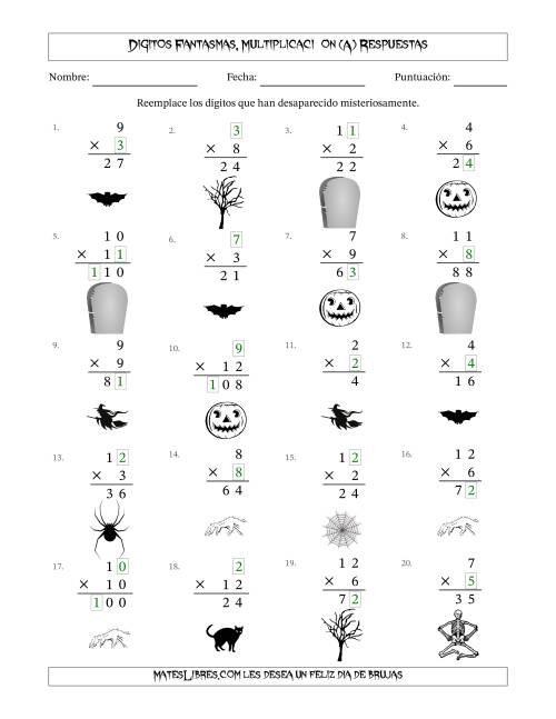 La hoja de ejercicios de Dígitos Robados por Figuras Fantasmas, Multiplicacion (Versión Sencilla) (A) Página 2