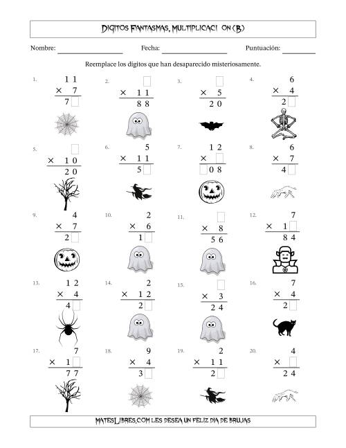 La hoja de ejercicios de Dígitos Robados por Figuras Fantasmas, Multiplicacióon (Versión Fácil) (B)