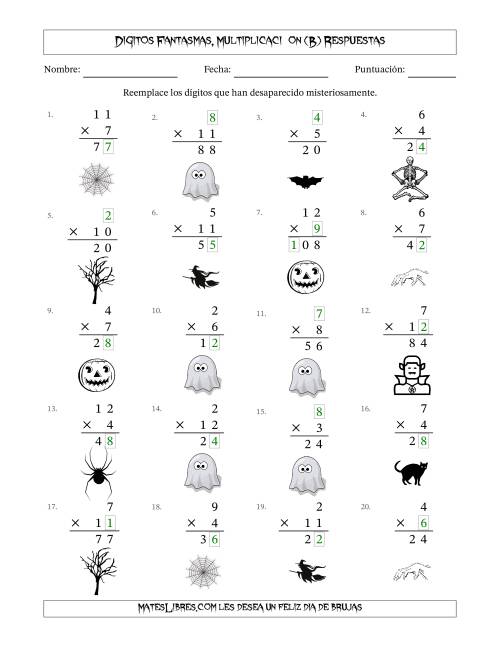 La hoja de ejercicios de Dígitos Robados por Figuras Fantasmas, Multiplicacióon (Versión Fácil) (B) Página 2