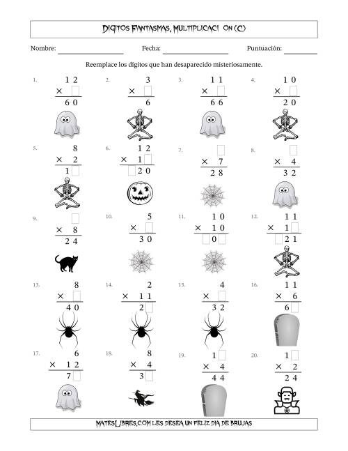 La hoja de ejercicios de Dígitos Robados por Figuras Fantasmas, Multiplicacióon (Versión Fácil) (C)