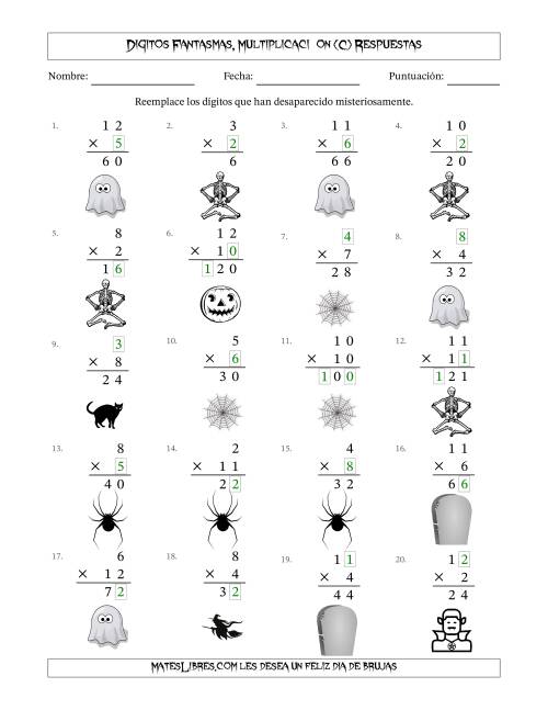 La hoja de ejercicios de Dígitos Robados por Figuras Fantasmas, Multiplicacióon (Versión Fácil) (C) Página 2