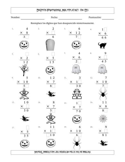La hoja de ejercicios de Dígitos Robados por Figuras Fantasmas, Multiplicacióon (Versión Fácil) (D)