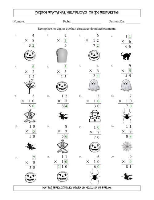 La hoja de ejercicios de Dígitos Robados por Figuras Fantasmas, Multiplicacióon (Versión Fácil) (D) Página 2