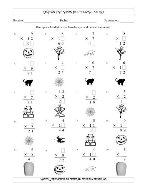 La hoja de ejercicios de Dígitos Robados por Figuras Fantasmas, Multiplicacióon (Versión Fácil) (E)