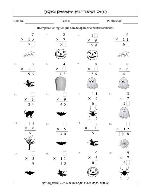 La hoja de ejercicios de Dígitos Robados por Figuras Fantasmas, Multiplicacióon (Versión Fácil) (G)