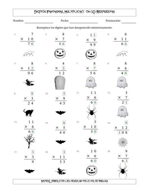 La hoja de ejercicios de Dígitos Robados por Figuras Fantasmas, Multiplicacióon (Versión Fácil) (G) Página 2