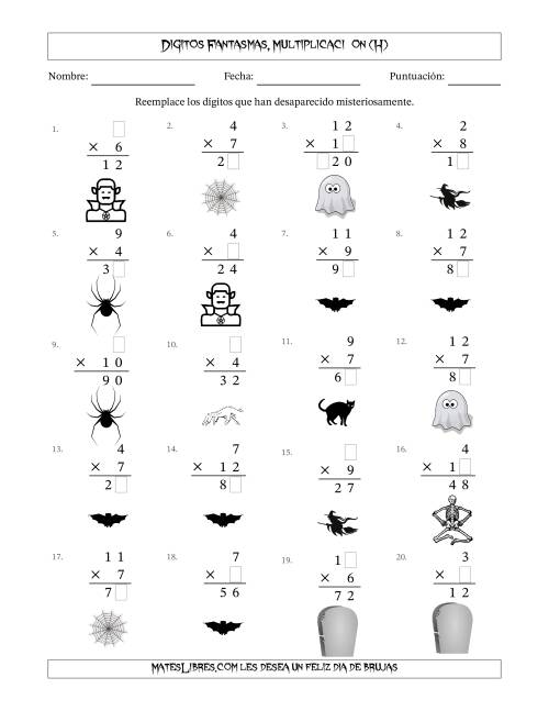 La hoja de ejercicios de Dígitos Robados por Figuras Fantasmas, Multiplicacióon (Versión Fácil) (H)